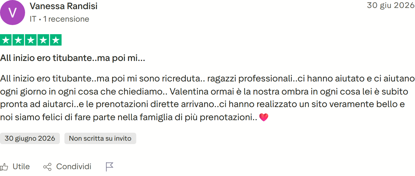Recensione Trustpilot n. 2: Vanessa Randisi, 5 stelle, prenotazioni dirette in crescita e sito molto curato