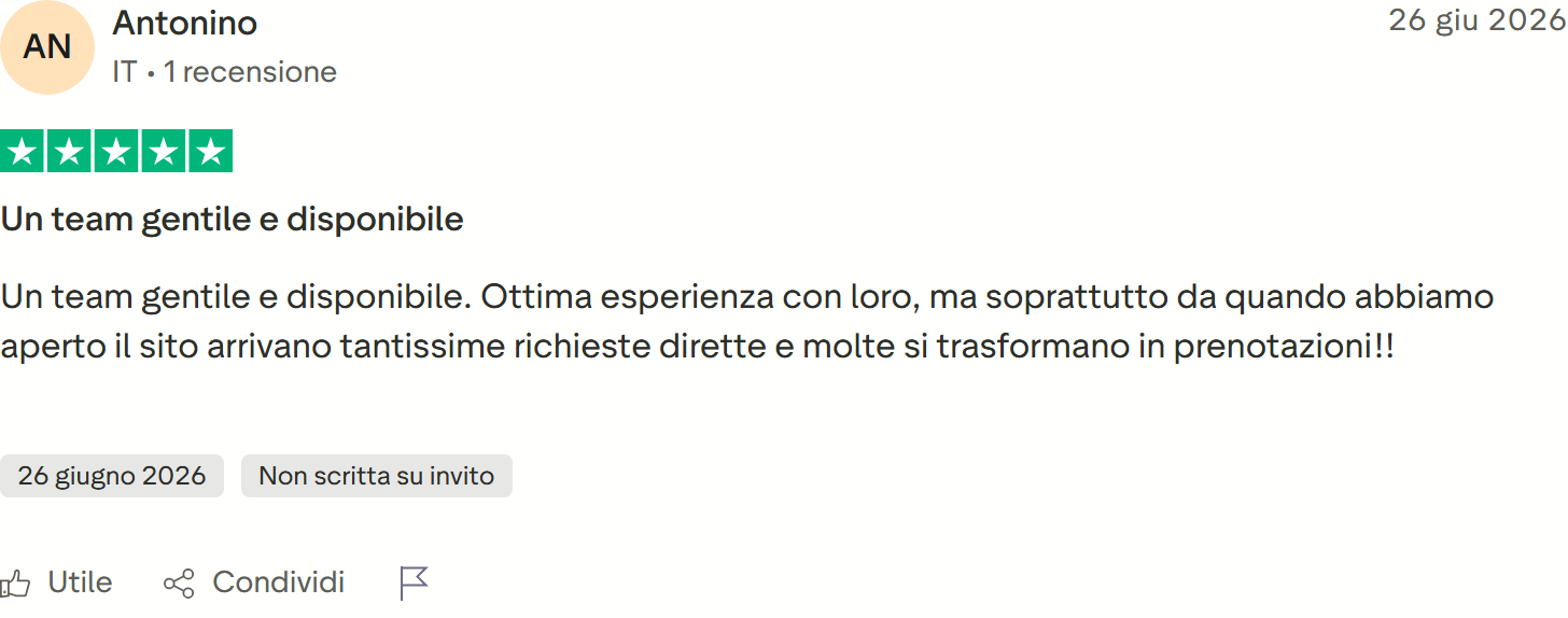Recensione Trustpilot n. 3: Antonino, 5 stelle, team gentile, dal sito molte richieste dirette