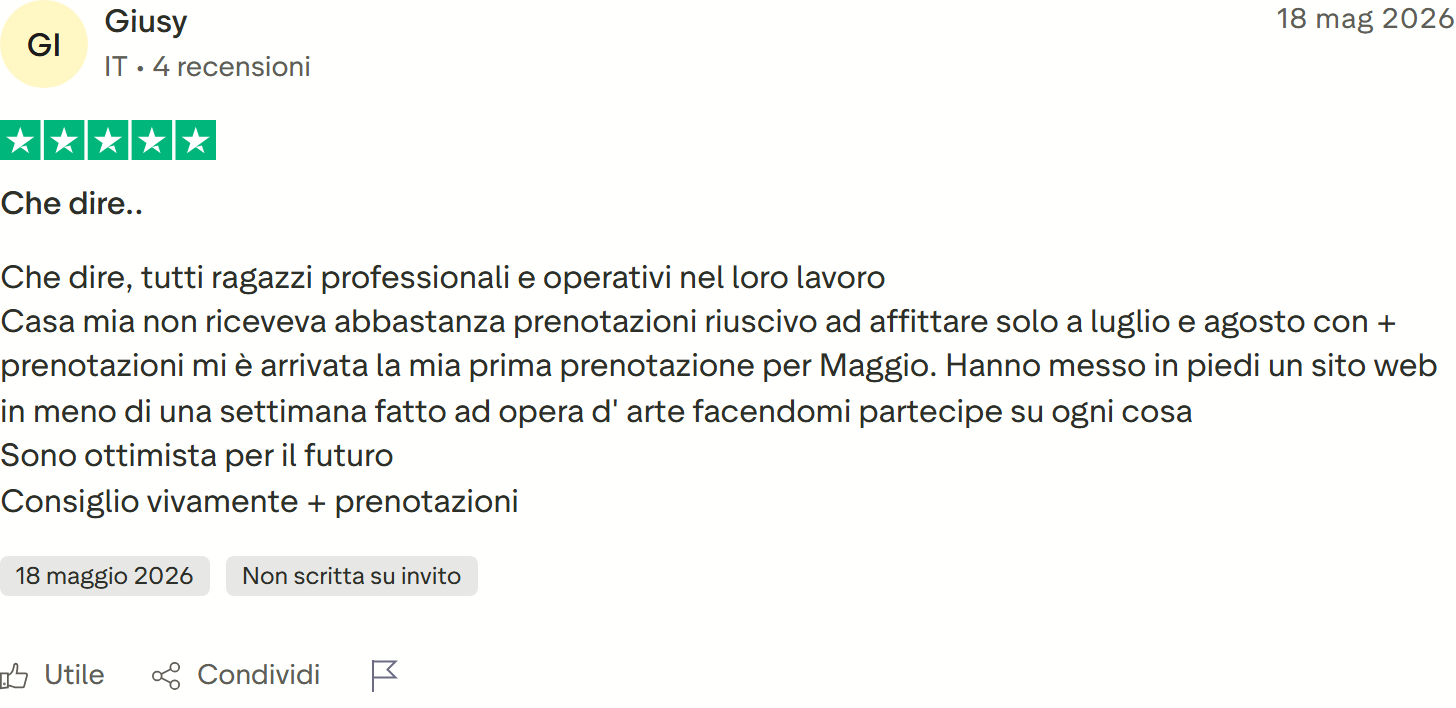 Recensione Trustpilot n. 12: Giusy, 5 stelle, sito in una settimana e prima prenotazione a maggio
