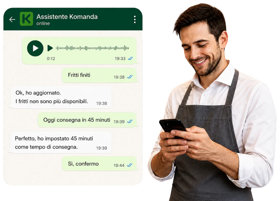 Un ristoratore aggiorna Komanda da WhatsApp con un messaggio vocale mentre la stampante lavora sul bancone