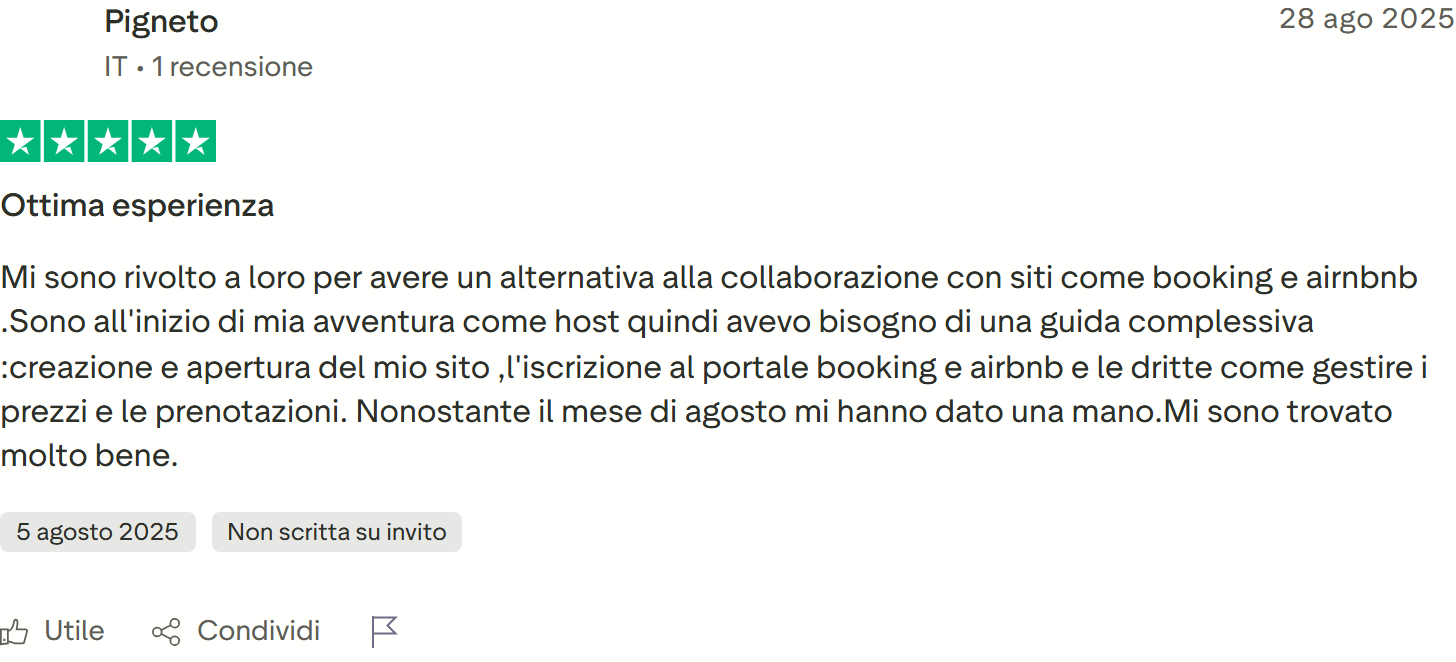 Recensione Trustpilot n. 53: Pigneto, 5 stelle, guida completa per nuovo host, sito e portali