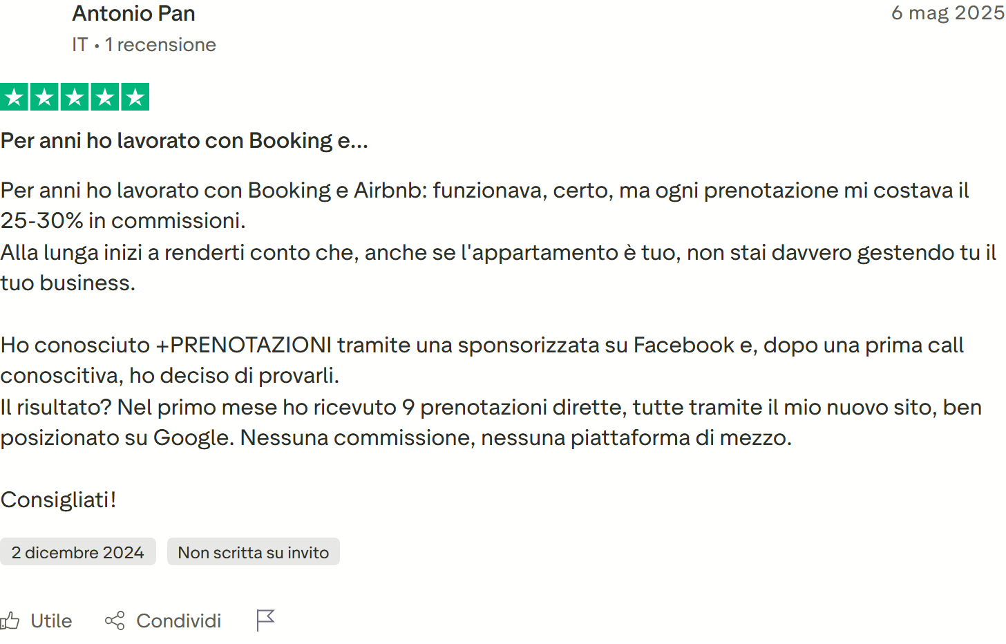 Recensione Trustpilot n. 68: Antonio Pan, 5 stelle, 9 prenotazioni dirette dal sito nel primo mese