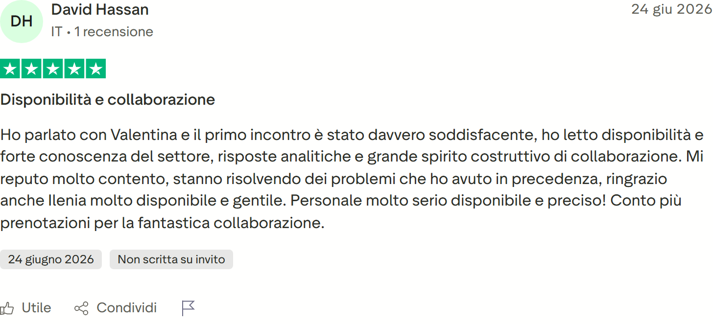 Recensione Trustpilot n. 4: David Hassan, 5 stelle, primo incontro soddisfacente, personale serio