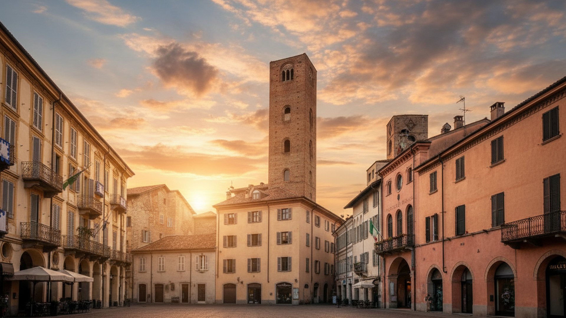 Il centro storico di Alba al tramonto
