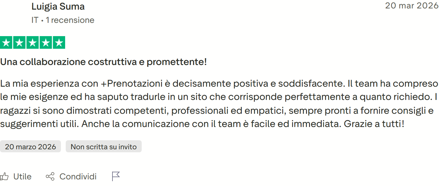 Recensione Trustpilot n. 29: Luigia Suma, 5 stelle, sito conforme alle esigenze, team competente ed empatico