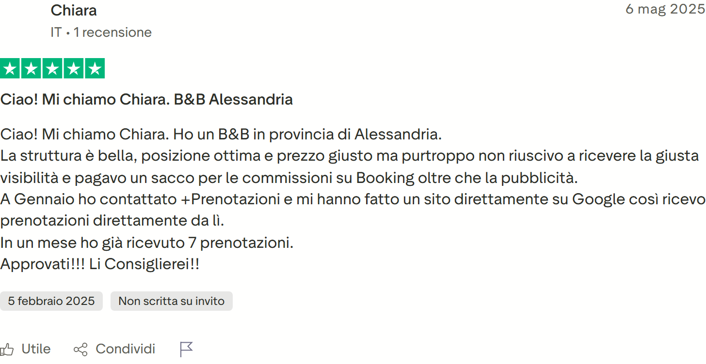 Recensione Trustpilot n. 67: Chiara, 5 stelle, 7 prenotazioni in un mese col sito su Google