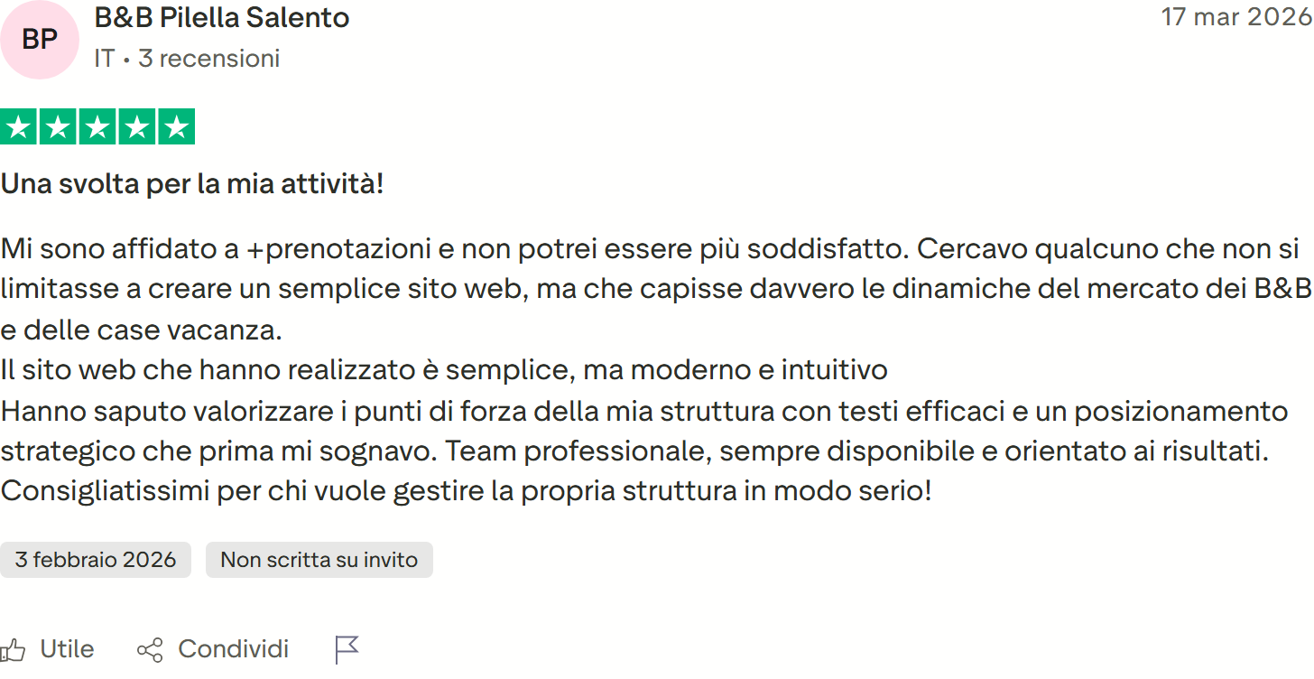 Recensione Trustpilot n. 31: B&B Pilella Salento, 5 stelle, sito moderno e posizionamento strategico