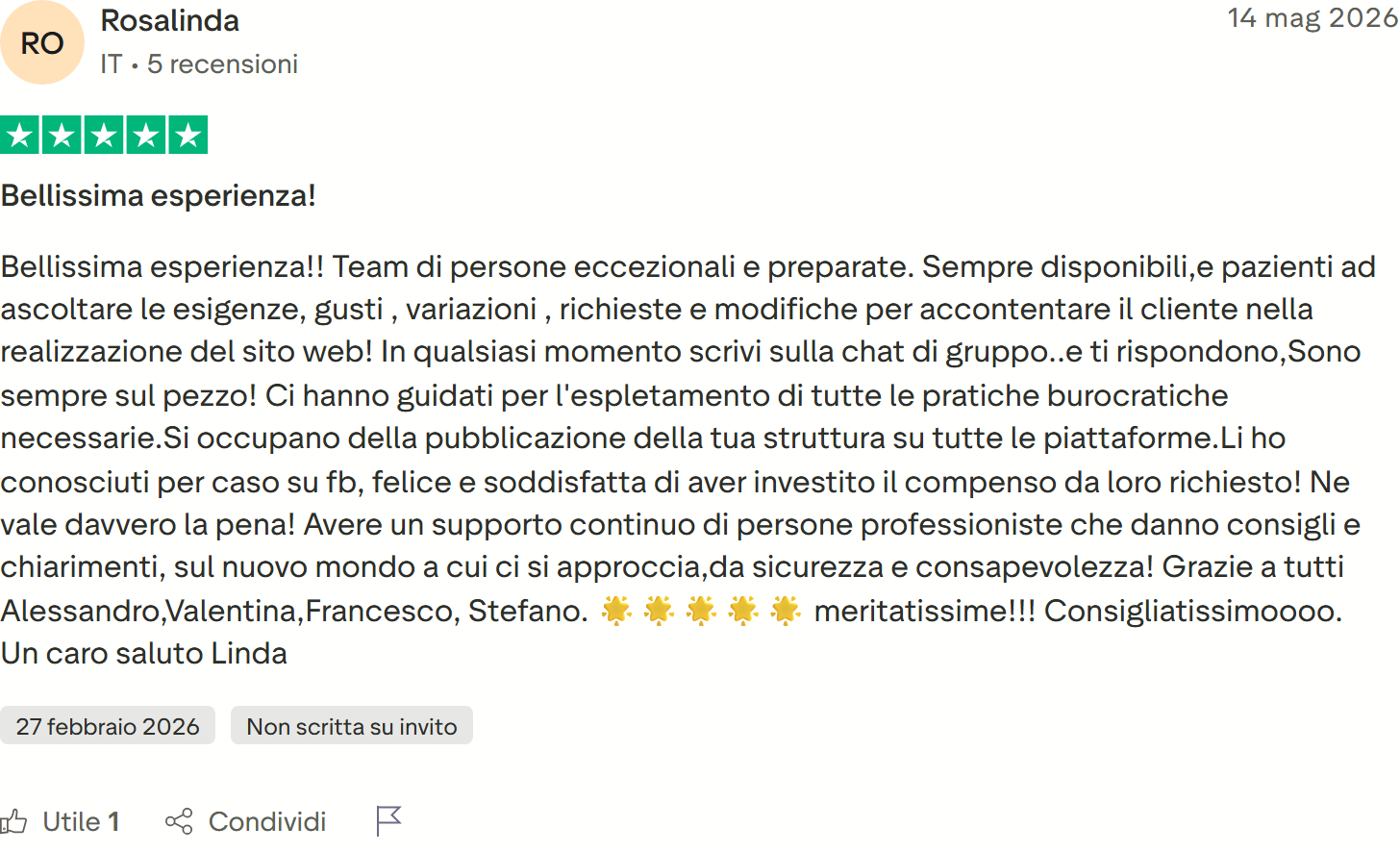 Recensione Trustpilot n. 14: Rosalinda, 5 stelle, team sempre disponibile, guida su pratiche e pubblicazione