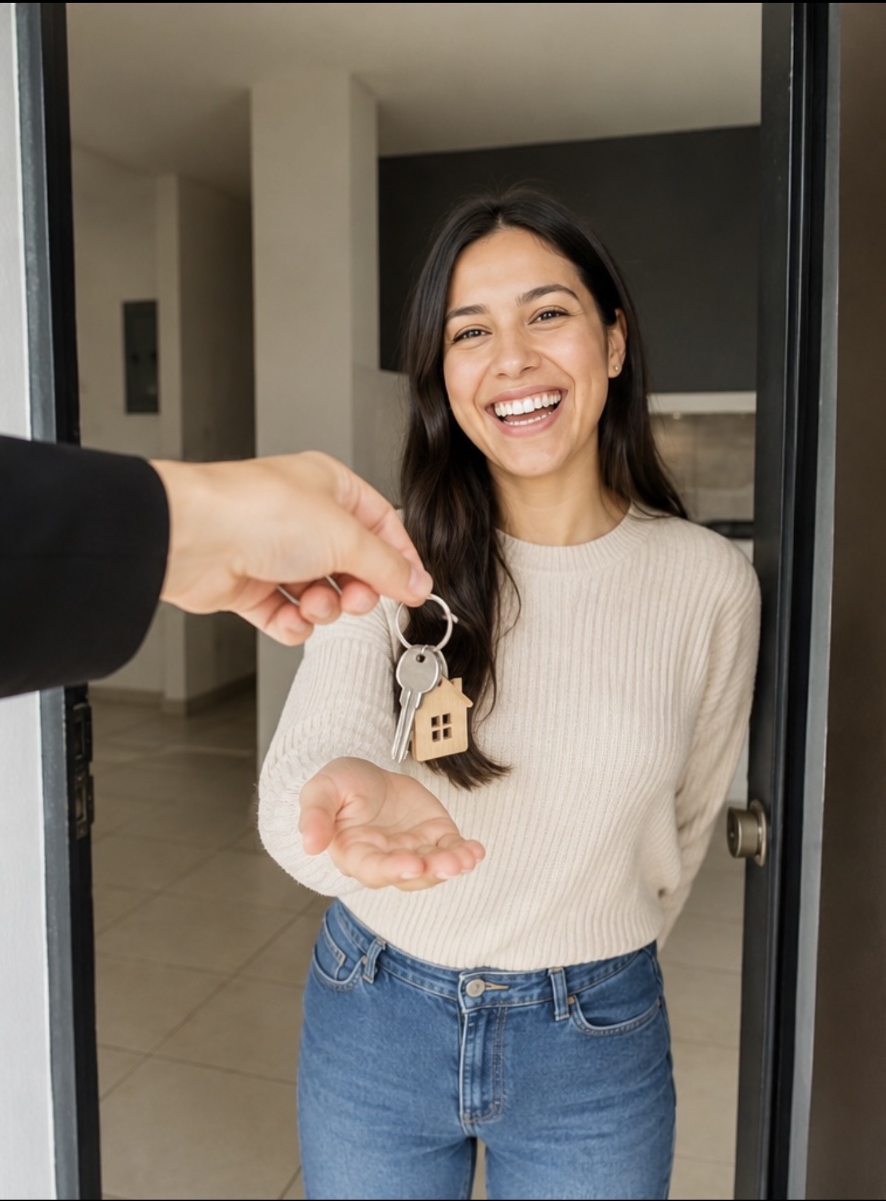 Mujer recibiendo llaves de su primer departamento