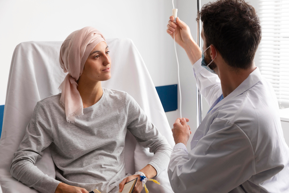 Paciente recibiendo quimioterapia junto a médico