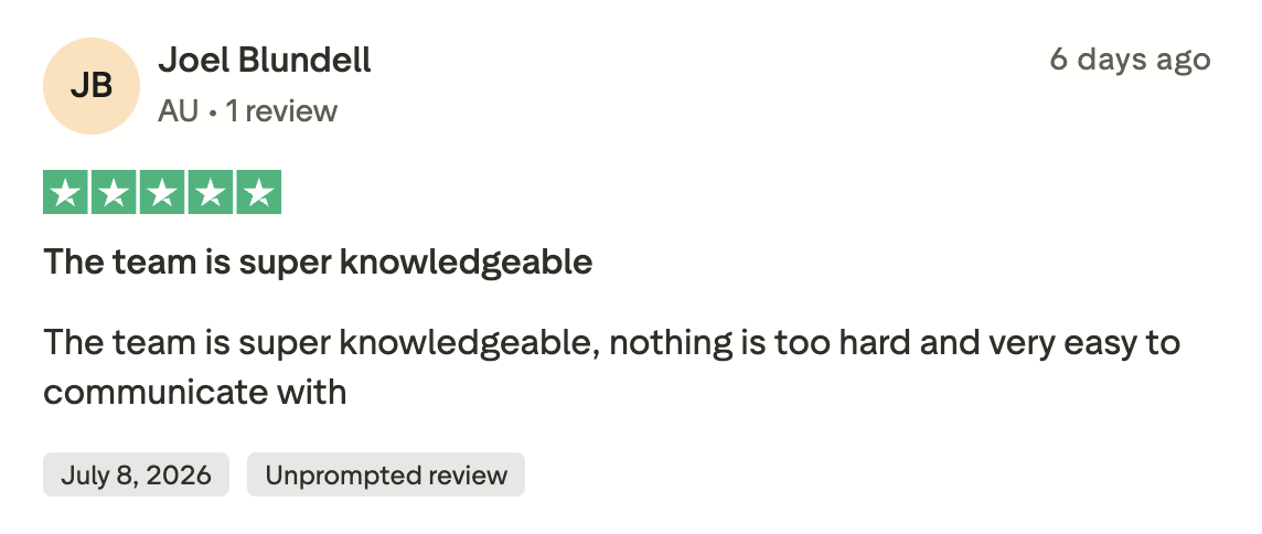 Trustpilot review from Joel Blundell: the team is super knowledgeable