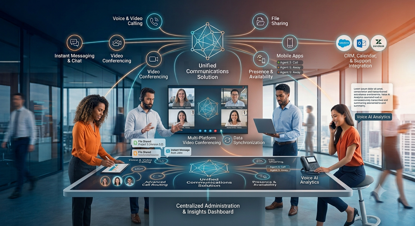 Unified communications solutions connecting business teams through voice, video, and messaging