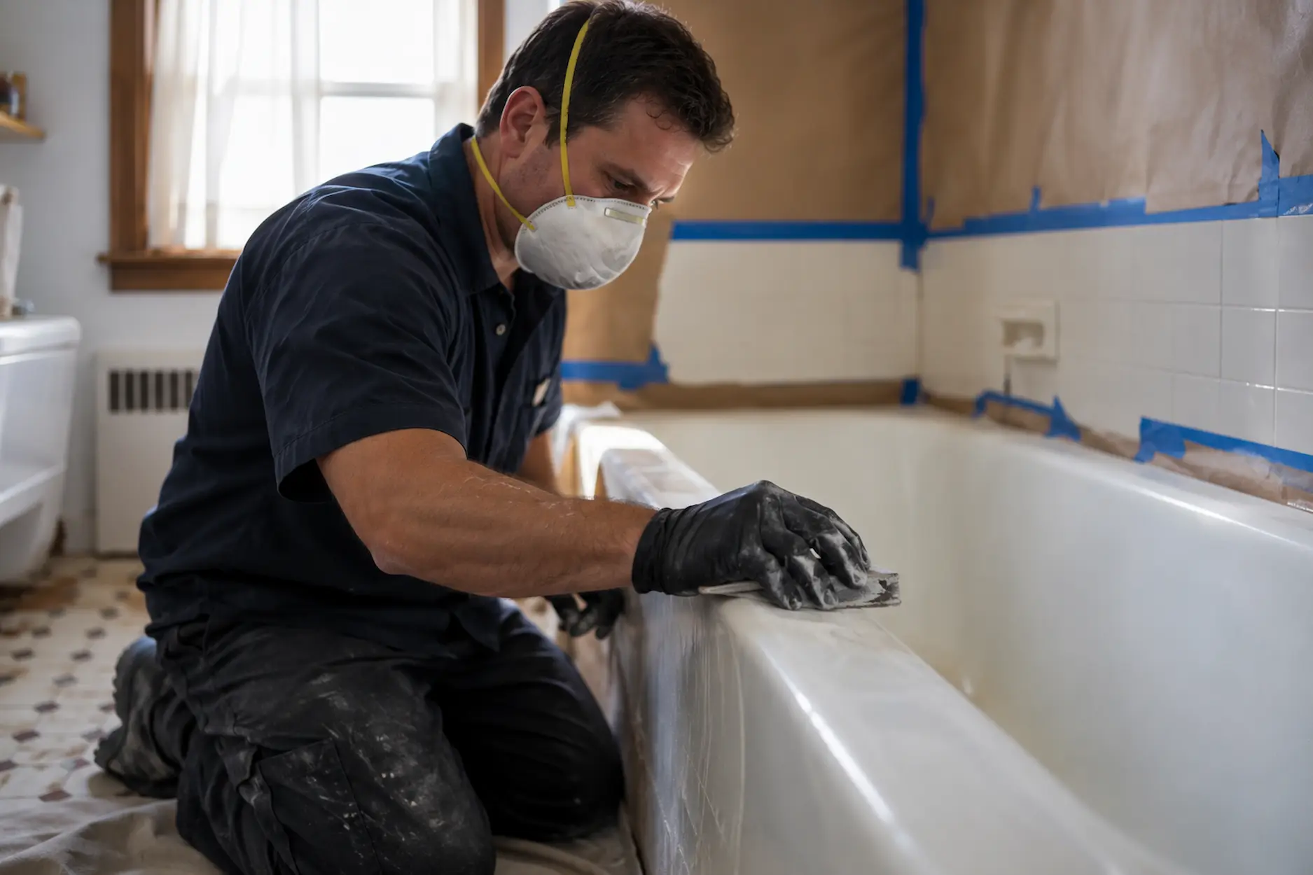 Reglaze Pro technician in a respirator mask sanding a bathtub edge during surface prep, walls fully masked, at an Oregon, Ohio job
