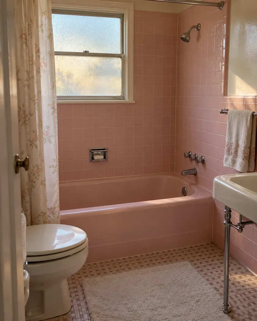 Original pink bathtub and matching tile in a 1950s post-war bathroom, the dated colored tubs common in Toledo neighborhoods like Point Place and DeVeaux