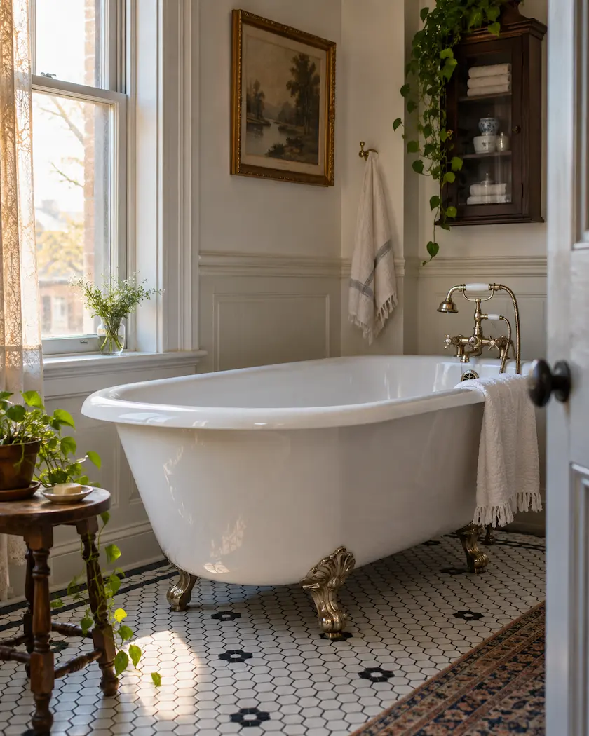 Restored white clawfoot cast iron bathtub in a pre-1940 Victorian bathroom, the tub style found throughout Toledo's Old West End