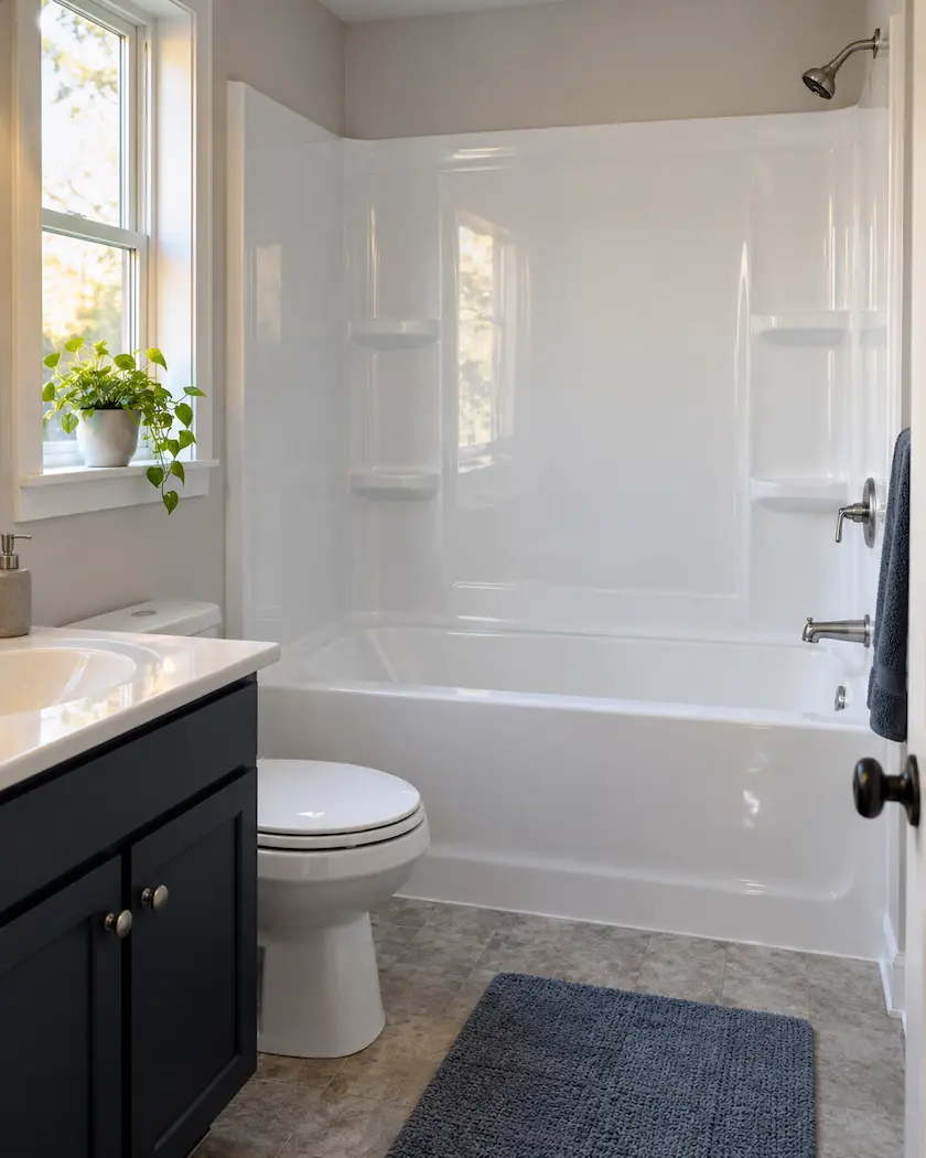 One-piece white fiberglass tub and shower surround unit in a rental-style bathroom, the setup typical of Toledo apartments and UT-area rentals