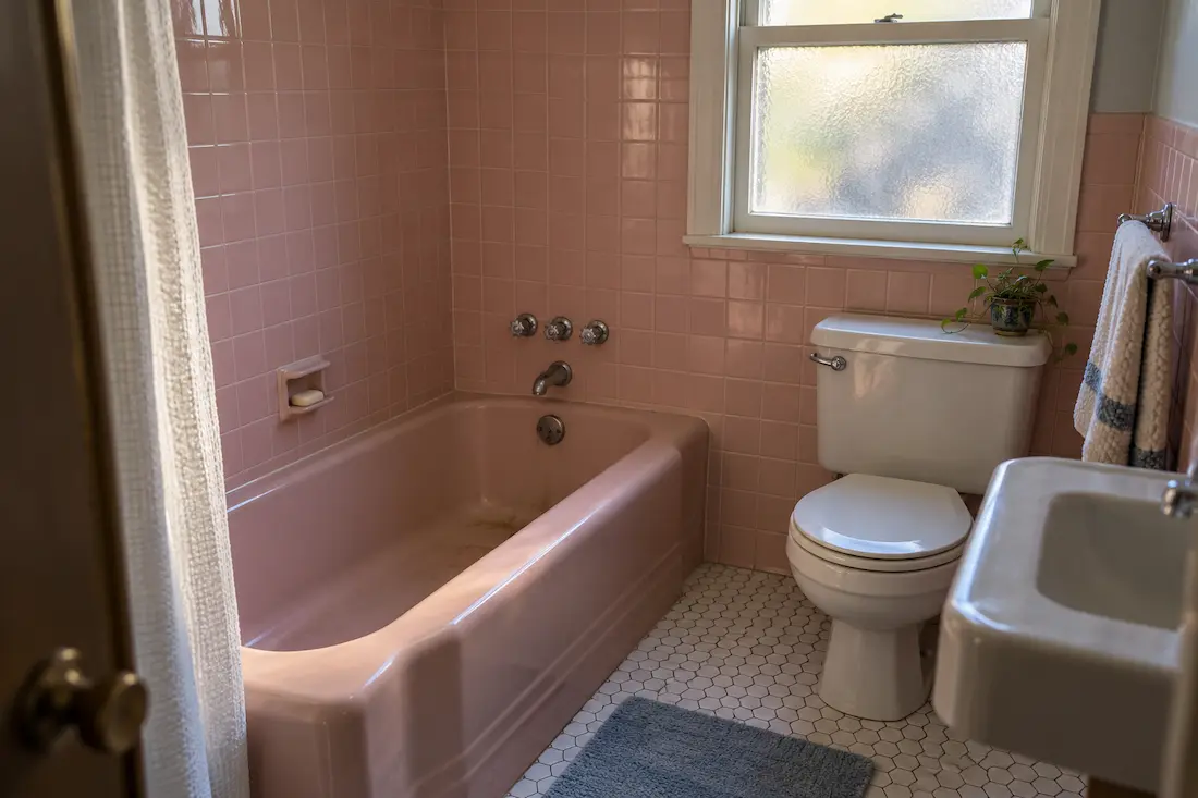 Pastel pink bathtub and tile in a post-war bathroom typical of Northwood's 1950s ranch homes