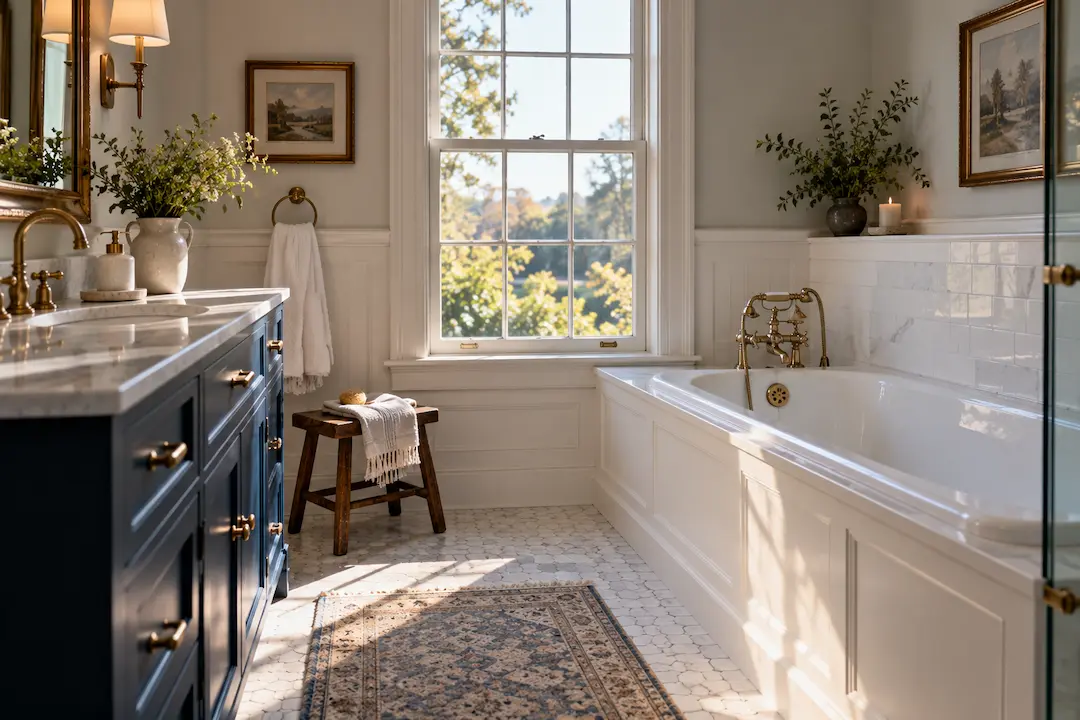Gleaming white tub beside a navy vanity in an upscale remodeled bathroom, the standard for Perrysburg homes