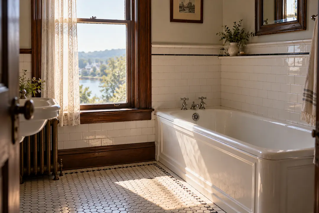 Original built-in cast iron tub with subway tile in a 19th-century home like those along Maumee's River Road