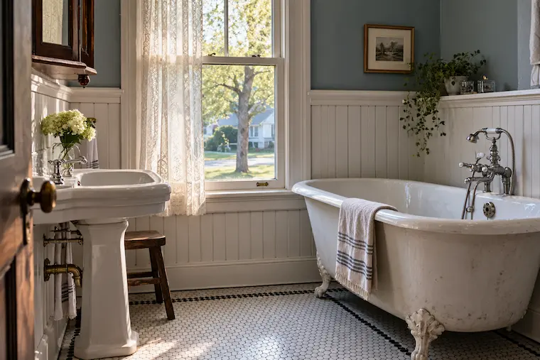 Original clawfoot cast iron tub and pedestal sink in an early-1900s home like those near downtown Sylvania
