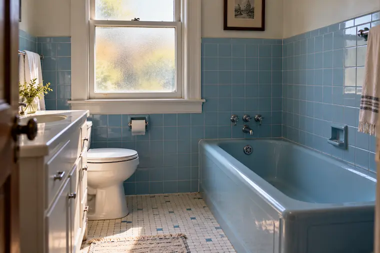 Powder blue mid-century bathtub and tile typical of Sylvania Township's 1960s ranches