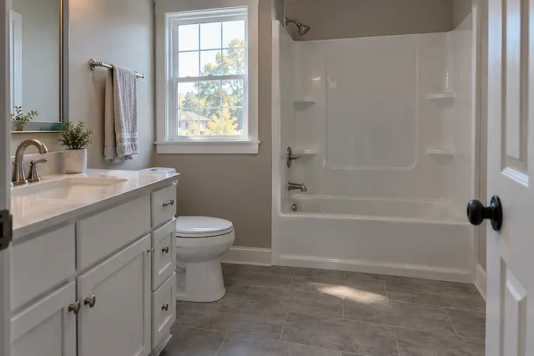 Builder-grade fiberglass tub and surround unit in a newer Sylvania-area home