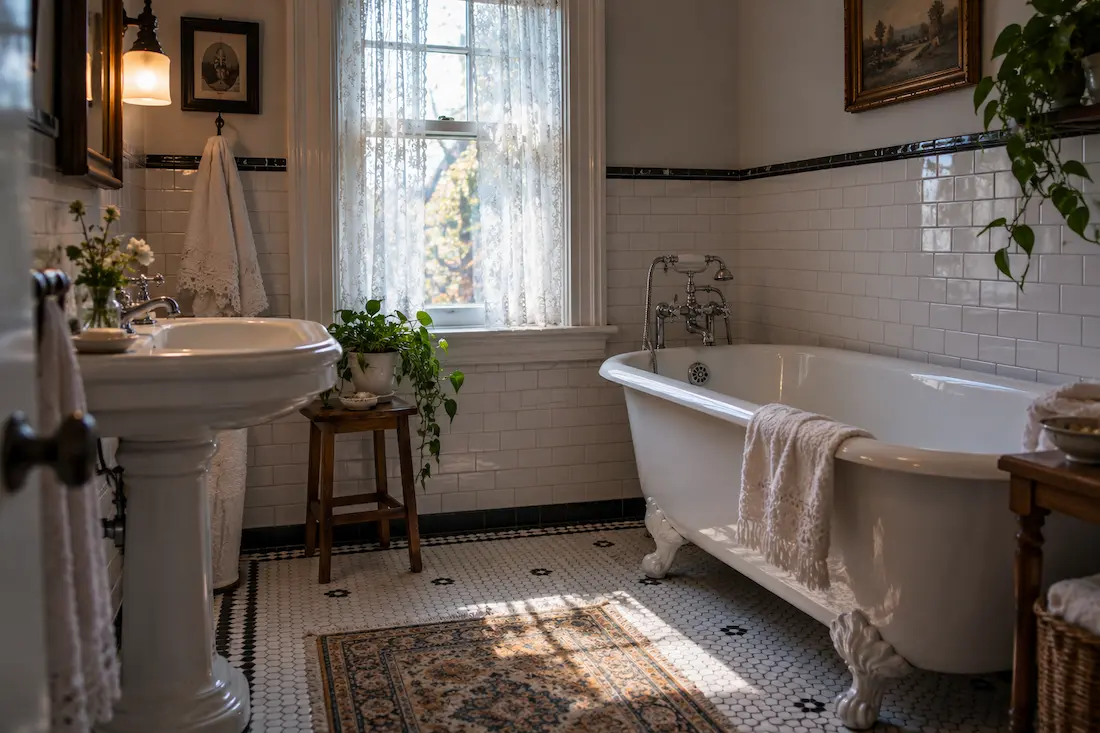Early-1900s style bathroom with an original white clawfoot cast iron tub, subway tile and hexagon mosaic floor, like the historic homes near downtown Bowling Green