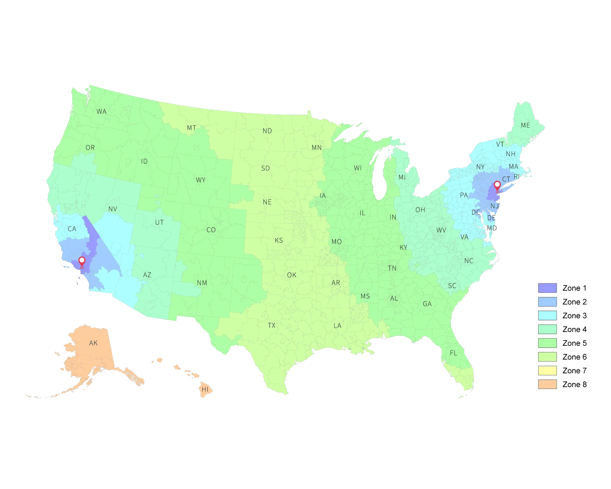 Shipping zone map — Packageman warehouses in Fairfield, NJ and Valencia, CA covering the U.S.