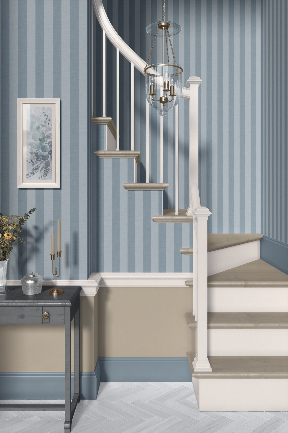 Timeless blue and white vertical stripe wallpaper installed in a classic entryway with a white staircase, demonstrating a clean and sophisticated pattern for traditional home interiors.