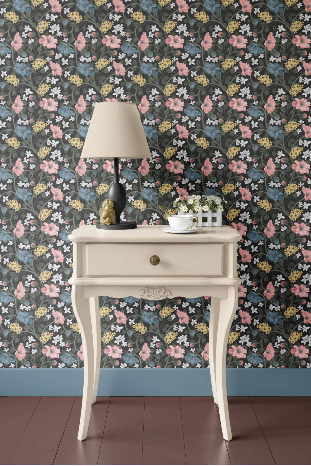 Dramatic maximalist wallpaper with a dark navy background featuring a lush "Midnight Enchanted Garden" botanical trellis pattern with pink and yellow flowers and winding green vines.