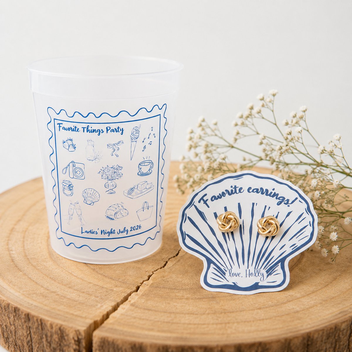 Custom party cup and earring favors