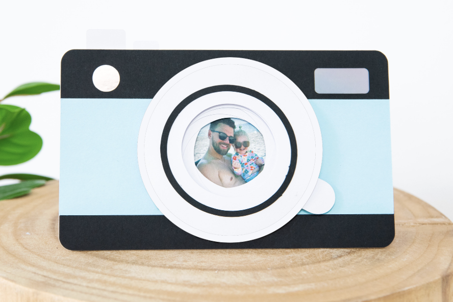Pink glitter interactive camera photo card