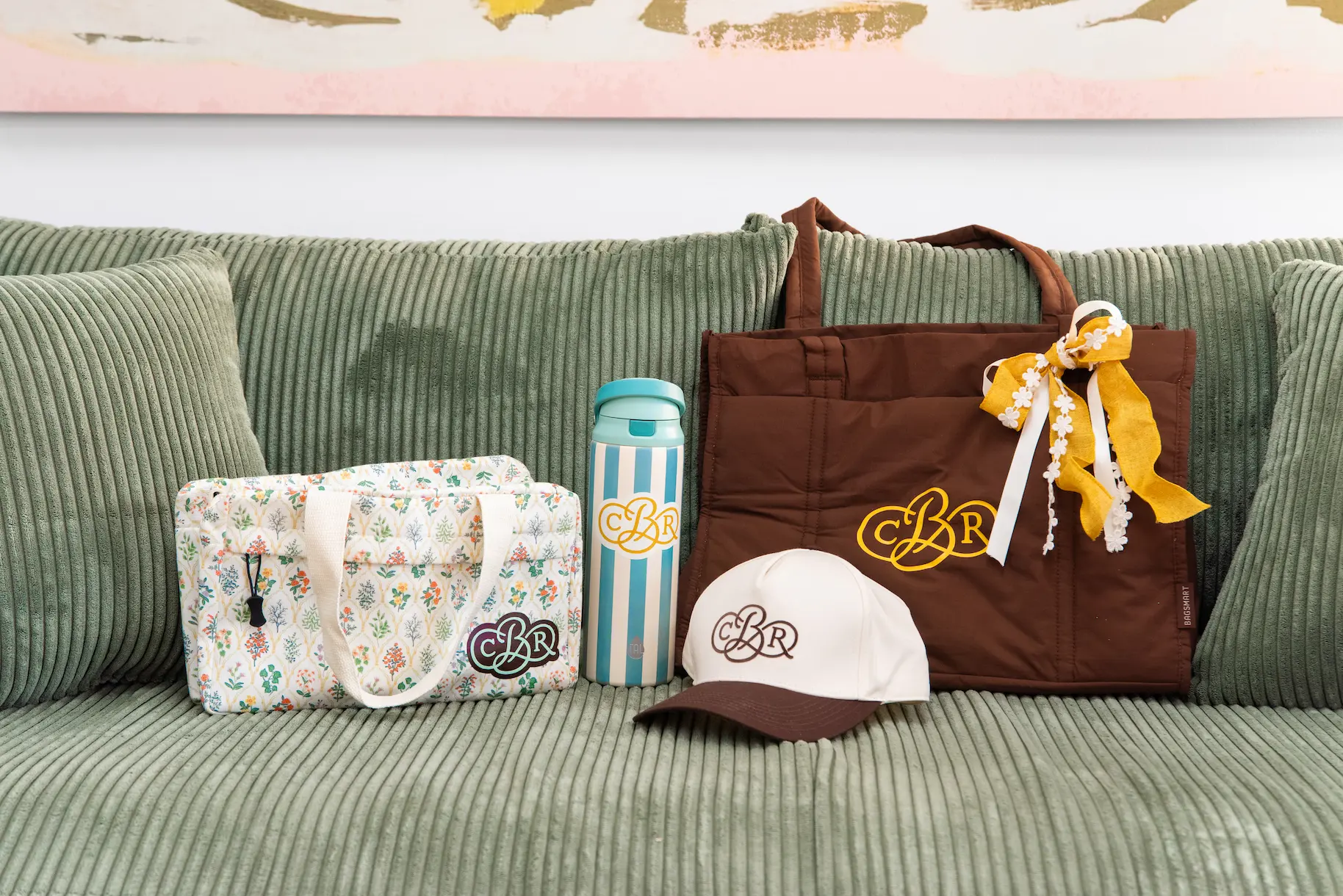 Monogrammed tote, cap, water bottle and cooler bag gift set