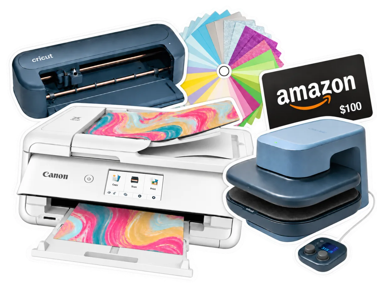 Giveaway prizes: a Cricut Maker 5, a Canon inkjet printer, a Cricut Autopress 2, a colourful cardstock bundle and a $100 Amazon gift card
