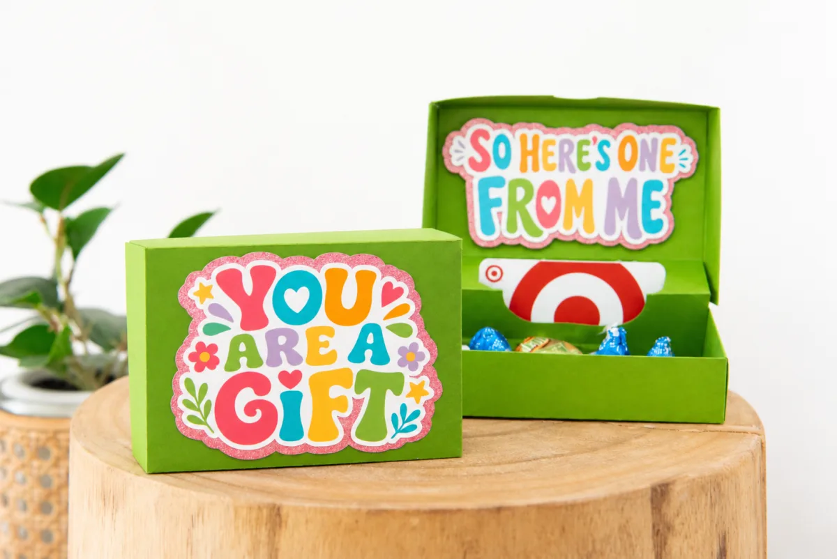 Green 3D paper gift card box, open to show a Target gift card and candy inside with a colourful You Are A Gift design
