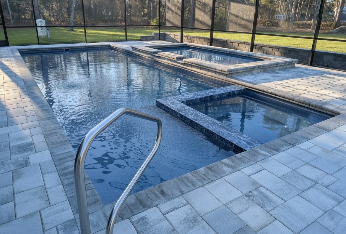 Fiberglass pool with paver deck