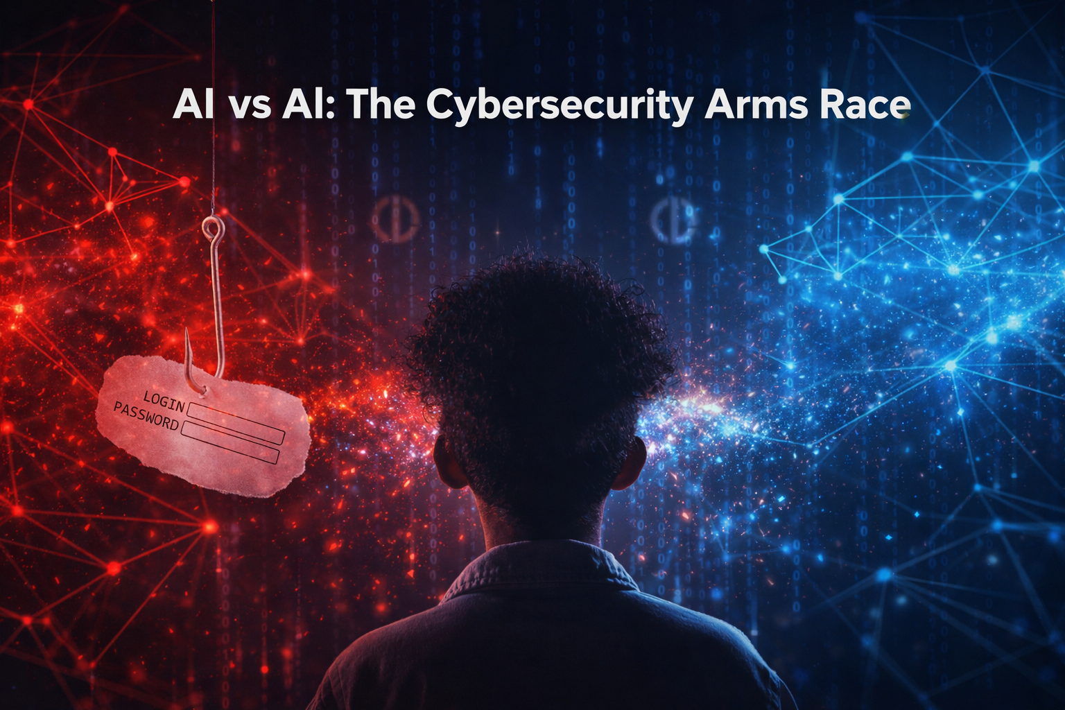 Hacker silhouette with AI code representing modern cyber threats