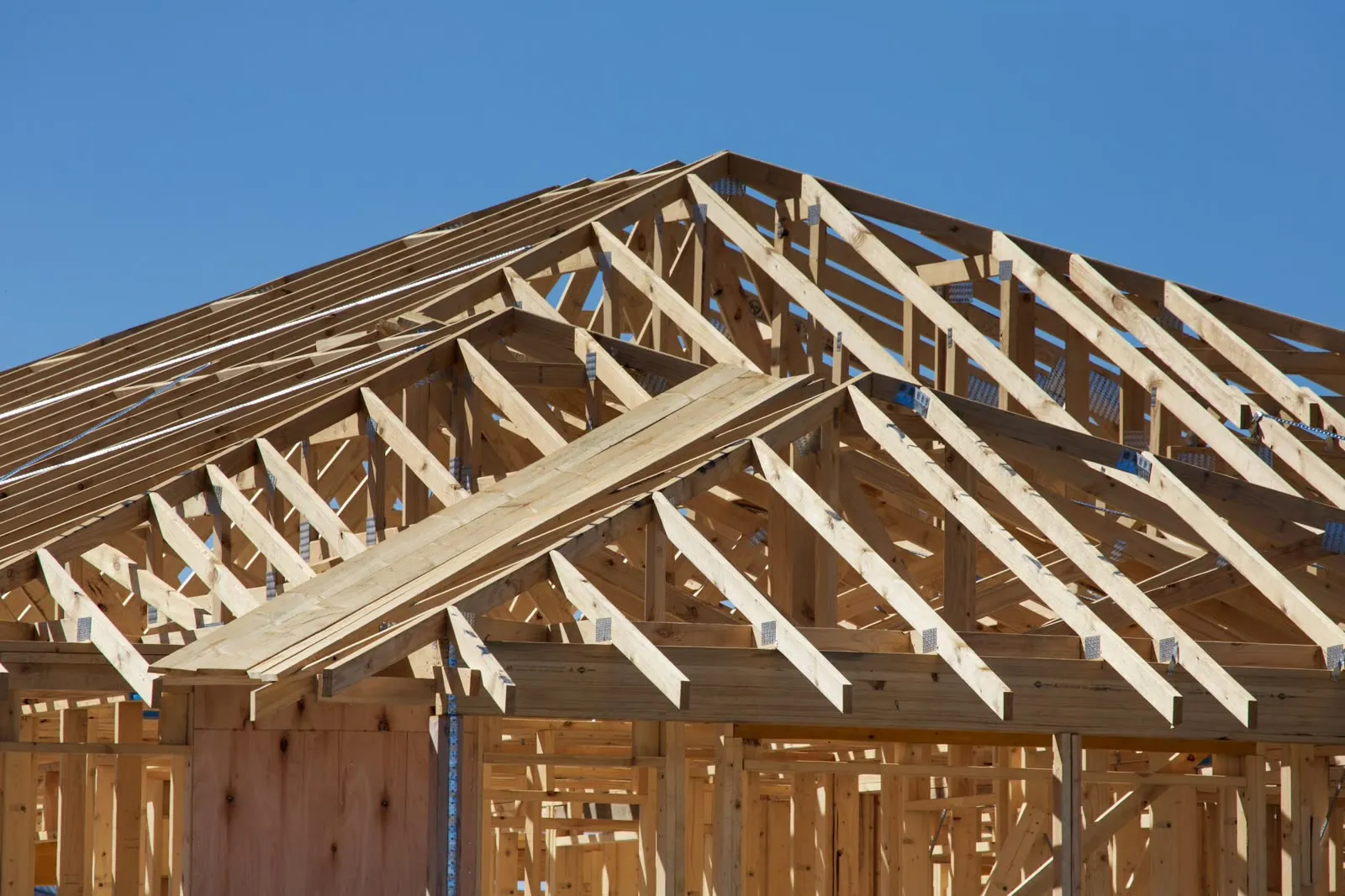 New roof framing against a clear blue sky