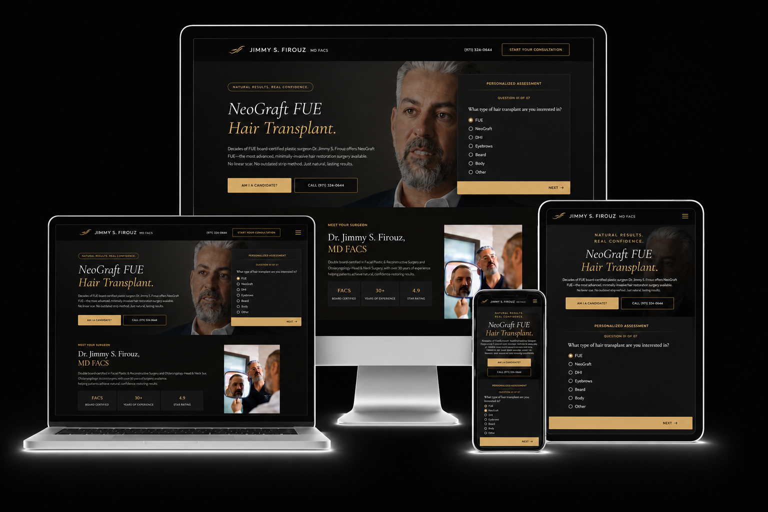Hair transplant funnel design across desktop, laptop, tablet, and mobile for Dr. Jimmy Firouz by Roll The Media