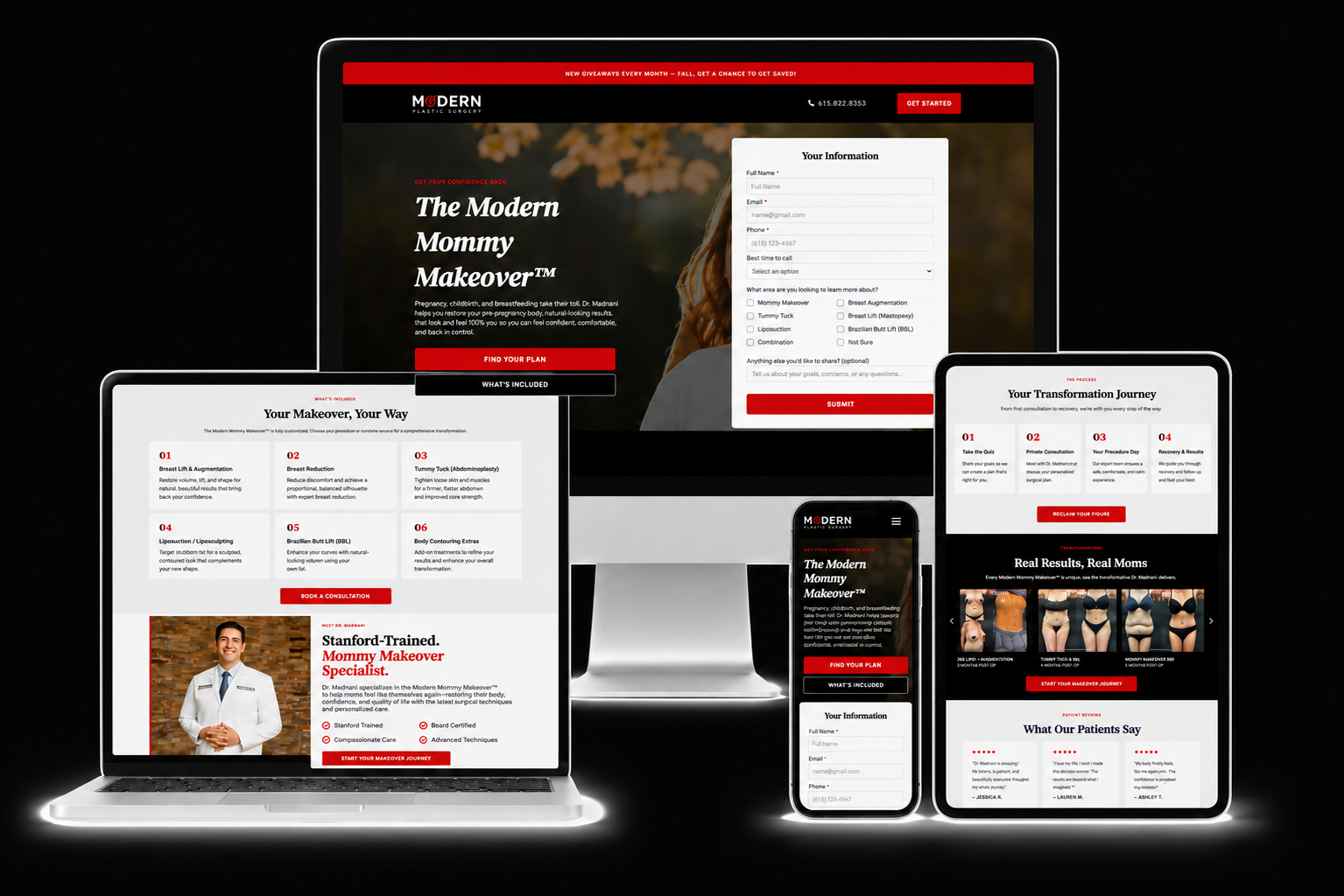 Mommy Makeover landing page design across desktop, laptop, tablet, and mobile for Dr. Madnani by Roll The Media