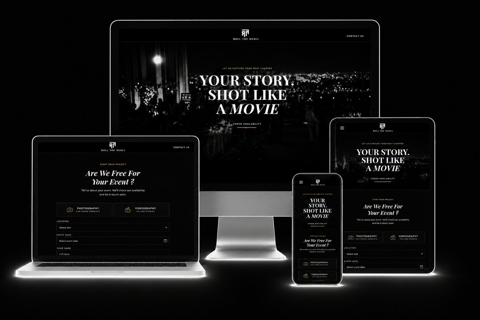 Roll The Media event photography and videography booking funnel across all devices