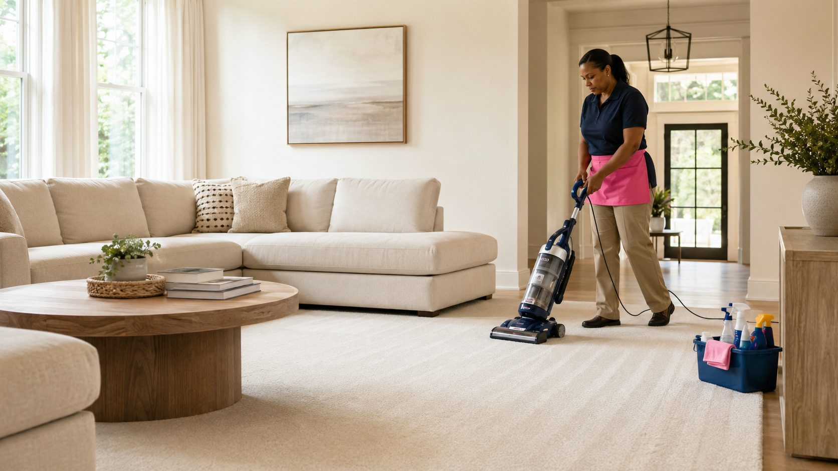Front Porch Maids cleaner vacuuming a living room