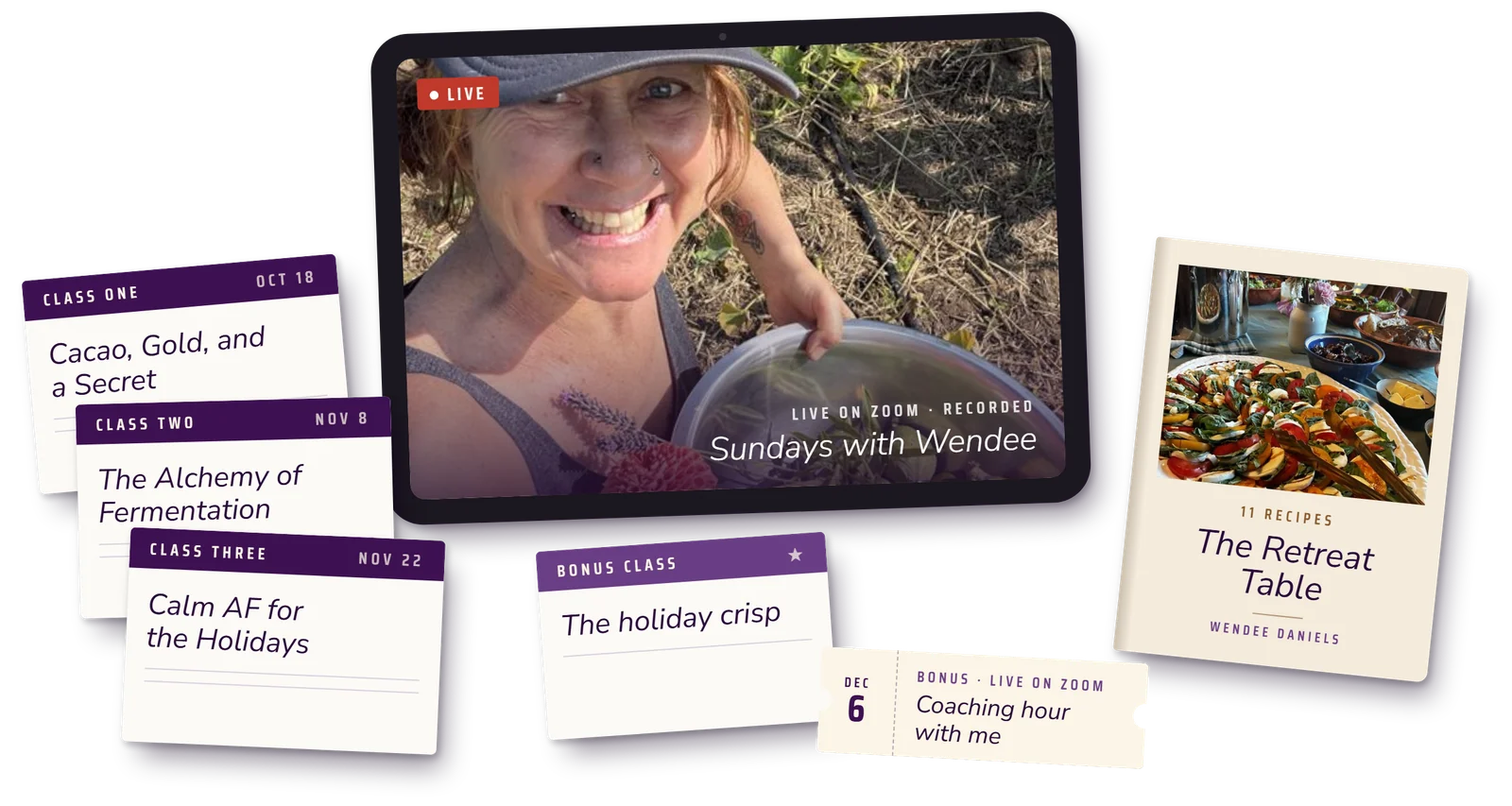 Everything in the Self-Care Super Series: a recipe card for each class, live Zoom classes with Wendee, the holiday crisp bonus class, The Retreat Table recipe book, and the coaching hour