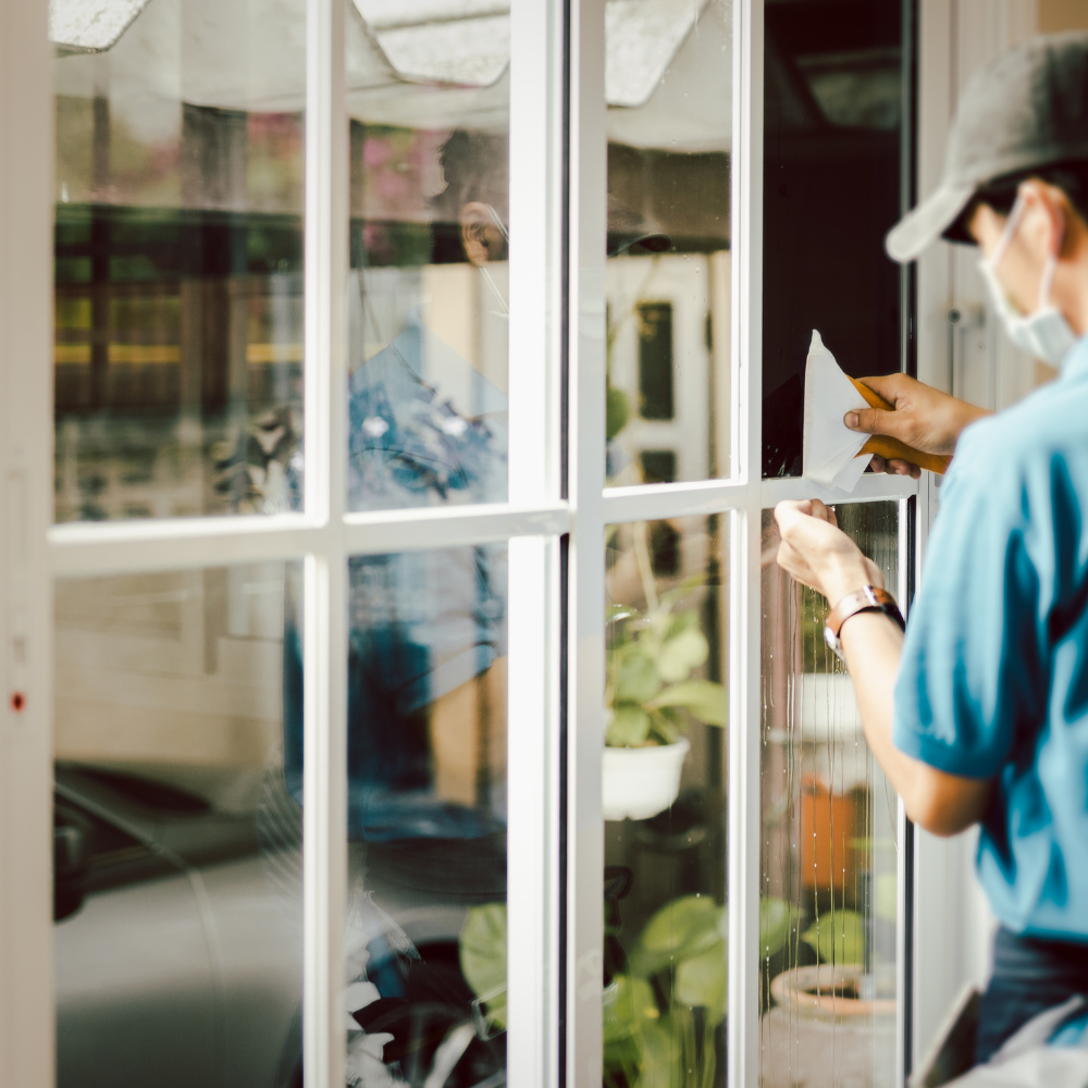 A person installing tint in a house window.