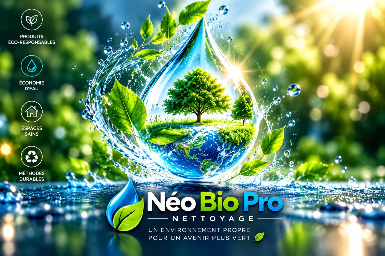 Engagement écologique Néo Bio Pro : planète et arbre dans une goutte d'eau symbolisant un nettoyage responsable et la préservation de l'environnement.