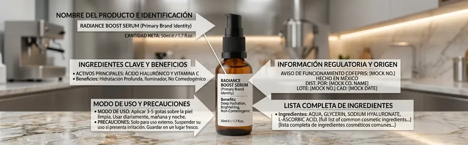 Imagen de infografía explicativa sobre los elementos obligatorios en el etiquetado de cosméticos Imagen de infografía explicativa sobre los elementos obligatorios en el etiquetado de cosméticos