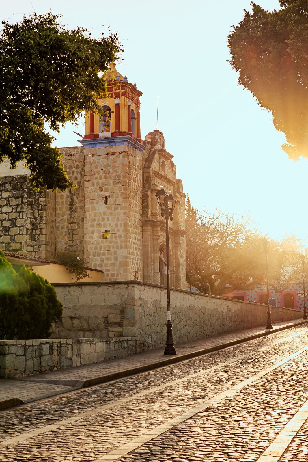 A cobblestone street and the old church of San Mat&iacute;as Jalatlaco in Oaxaca City's Jalatlaco neighborhood