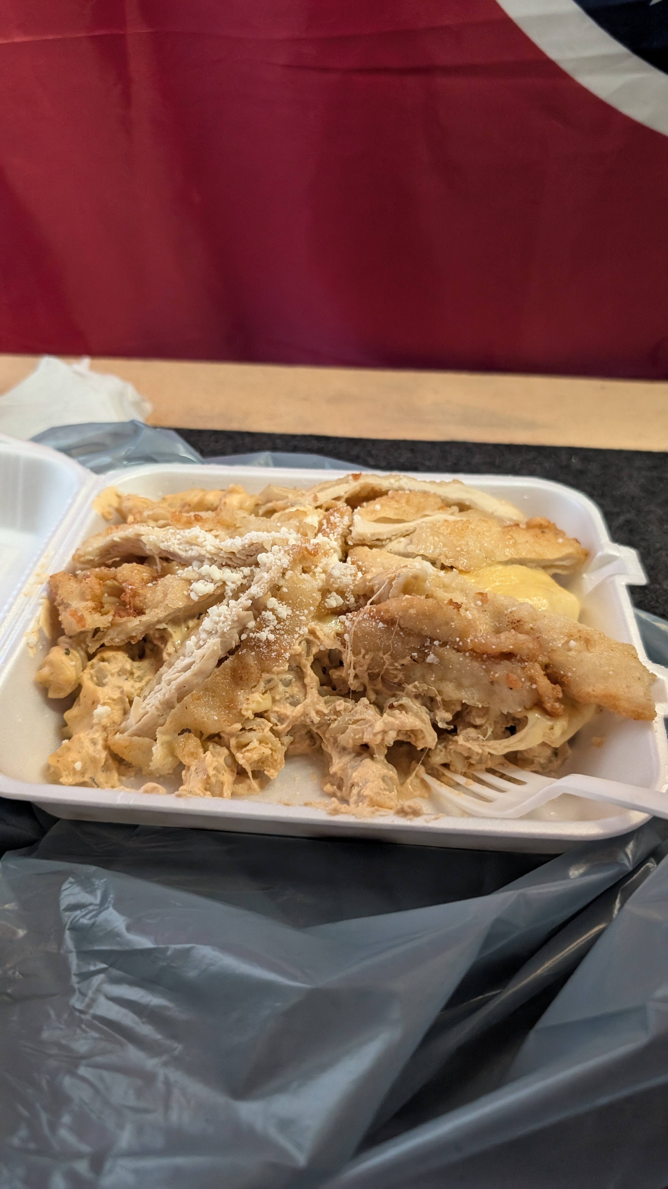 to-go order of chipotle pasta with garlic bread from Blondie's Snack Shack in Valladoid, Mexico to-go order of chipotle pasta with garlic bread from Blondie's Snack Shack in Valladoid, Mexico