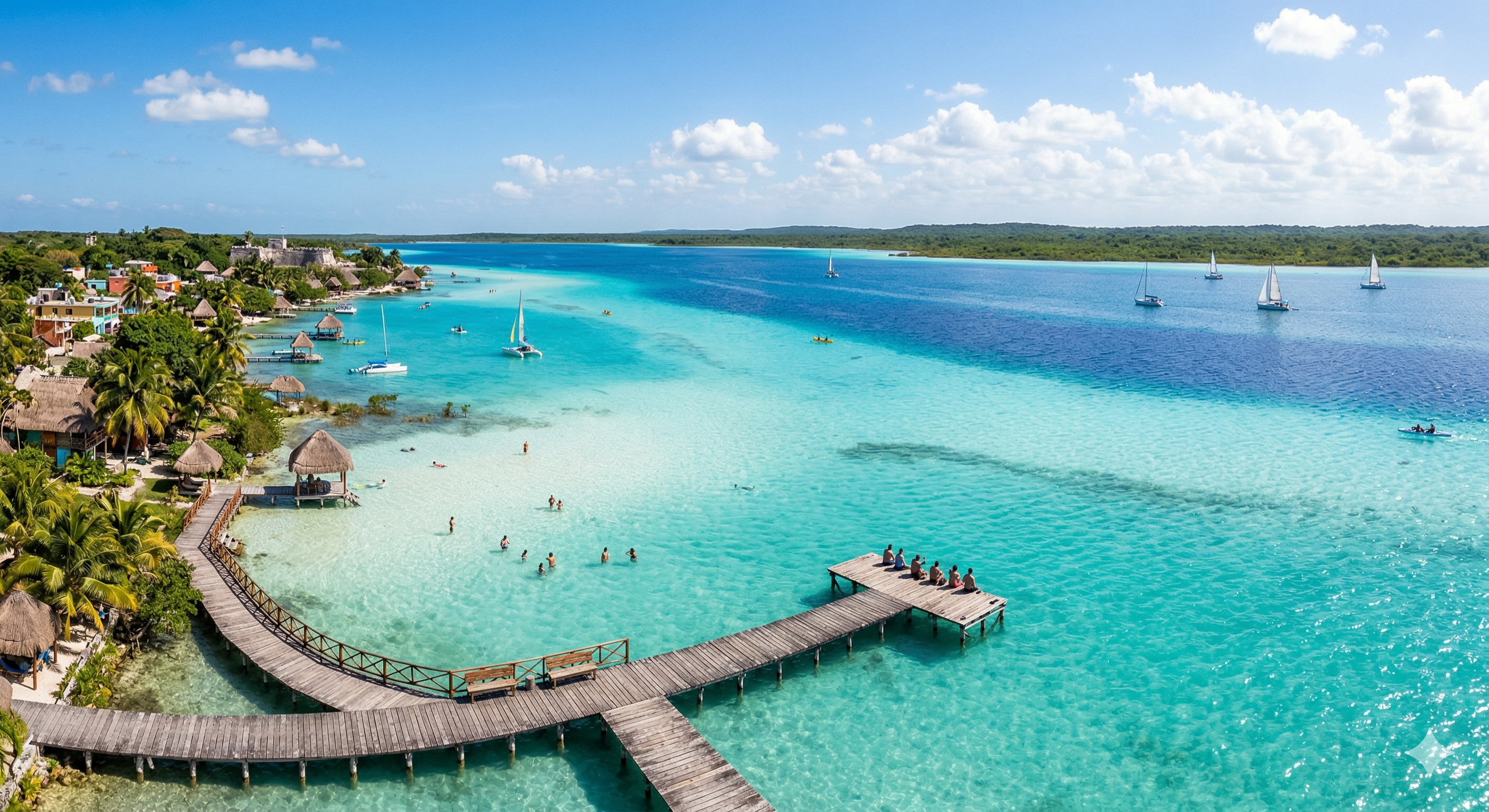 picture of the 7-color lagoon in bacalar with a dock and boats sailing in the water picture of the 7-color lagoon in bacalar with a dock and boats sailing in the water