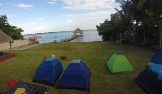 Budget camping setup on the Bacalar lagoon, Mexico.